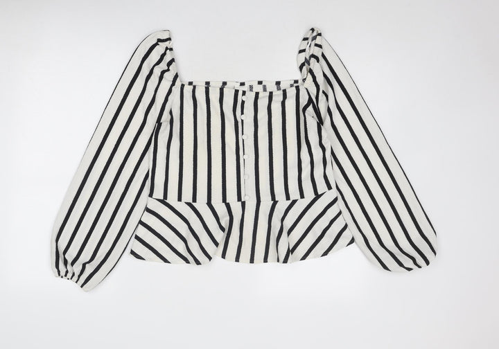 H&M Womens White Striped Polyester Basic Blouse Size L Square Neck