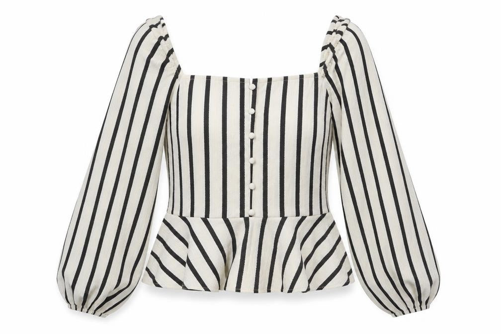 Front view of H&M women’s white striped polyester basic blouse, size L, square neck