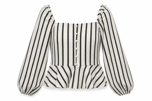 Front view of H&M women’s white striped polyester basic blouse, size L, square neck