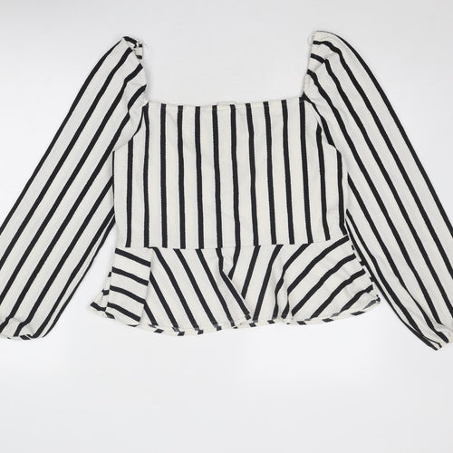H&M Womens White Striped Polyester Basic Blouse Size L Square Neck