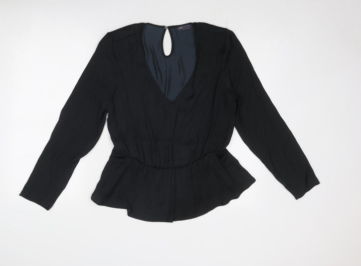 Marks and Spencer Womens Black Polyester Basic Blouse Size 12 V-Neck - Peplum