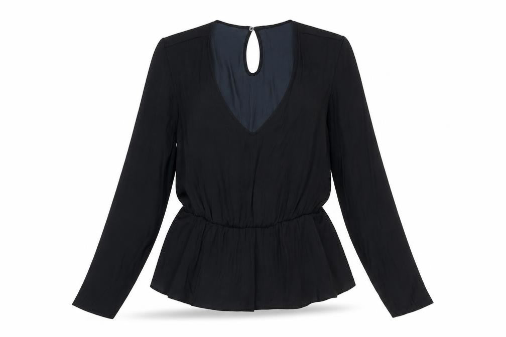 Front view of Marks & Spencer women’s black polyester basic blouse, size UK 12, v-neck - peplum