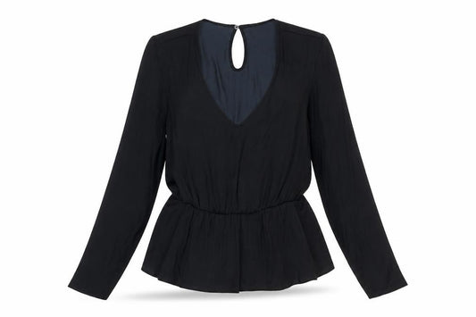 Front view of Marks & Spencer women’s black polyester basic blouse, size UK 12, v-neck - peplum