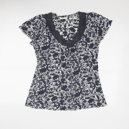 Marks and Spencer Womens Grey Geometric Cotton Basic Blouse Size 16 Round Neck