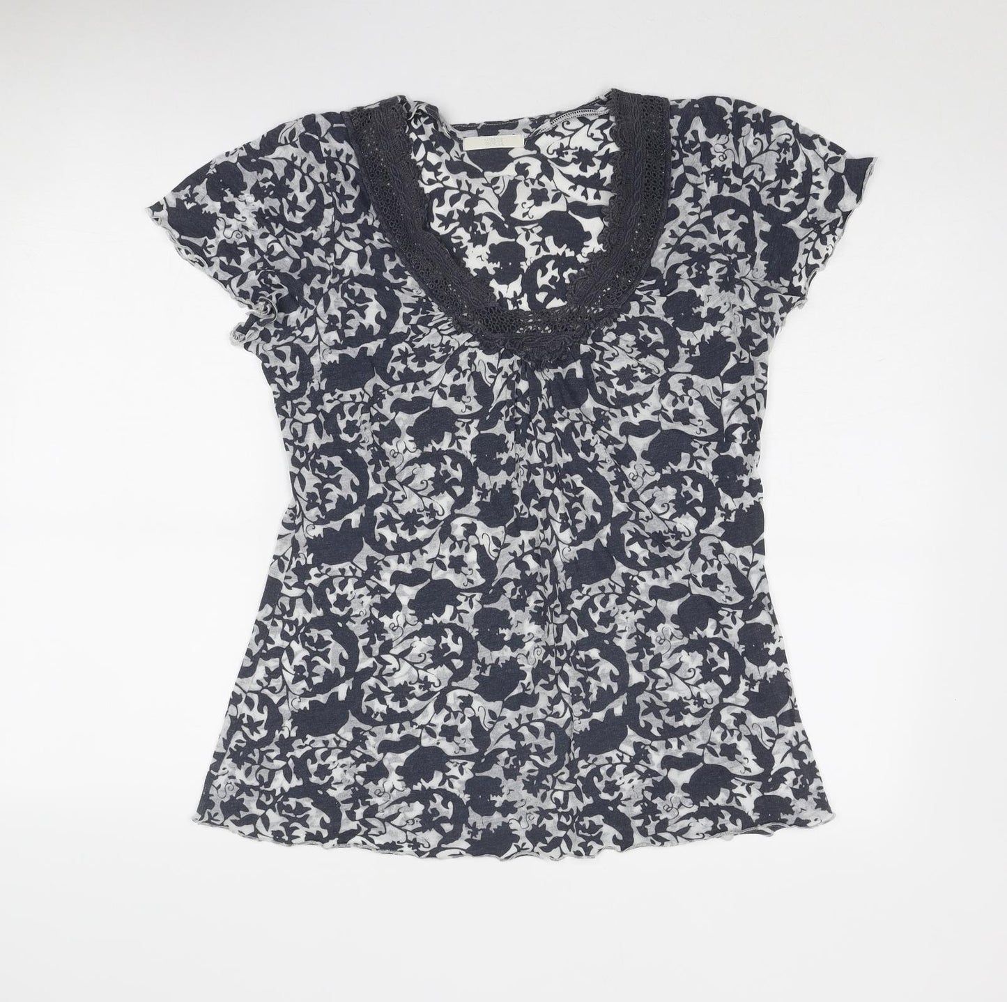Marks and Spencer Womens Grey Geometric Cotton Basic Blouse Size 16 Round Neck