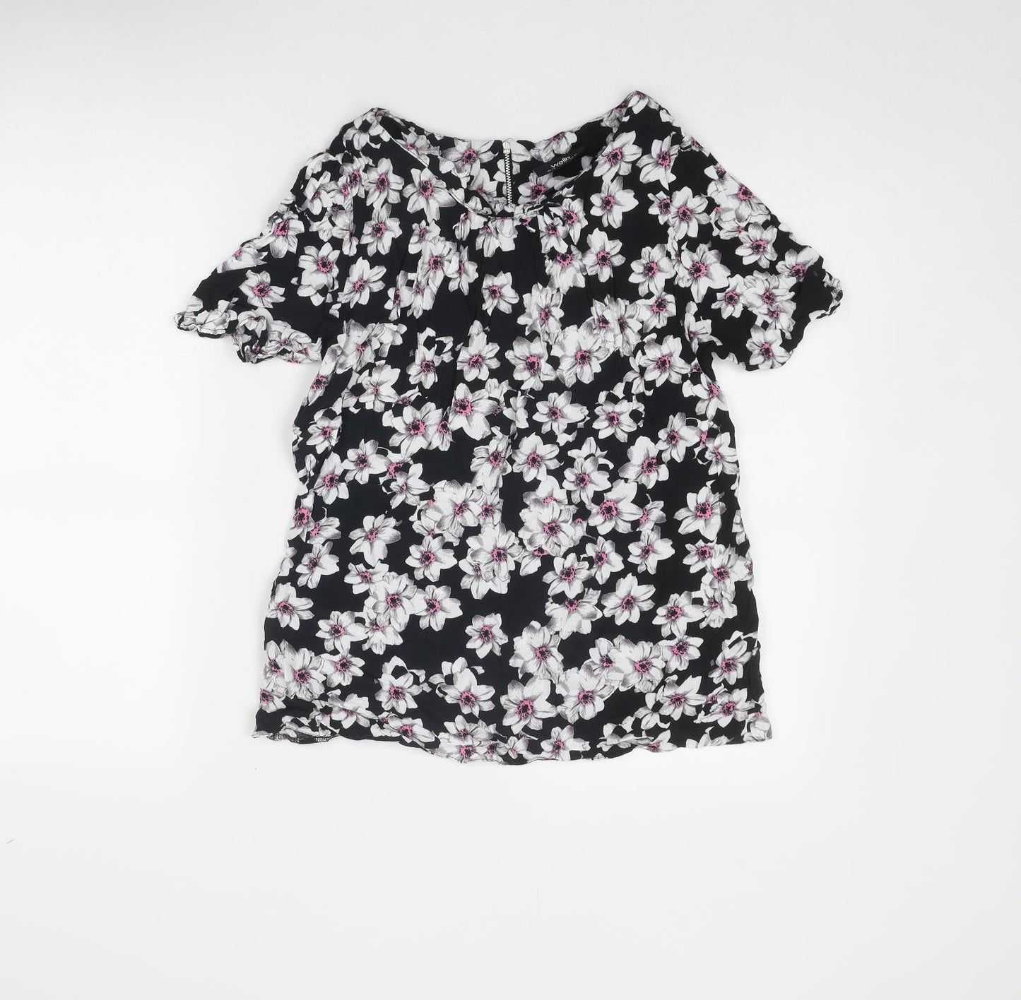 Wallis Womens Black Floral Viscose Basic Blouse Size 14 Round Neck