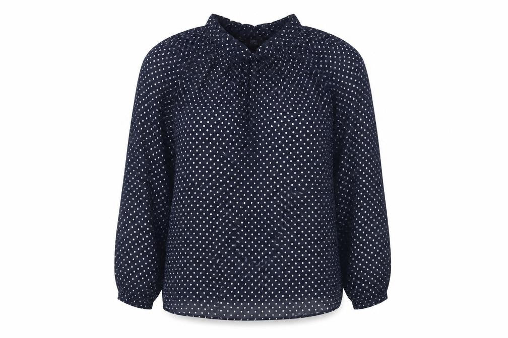 Front view of Marks & Spencer women’s blue polka dot polyester basic blouse, size UK 14, round neck