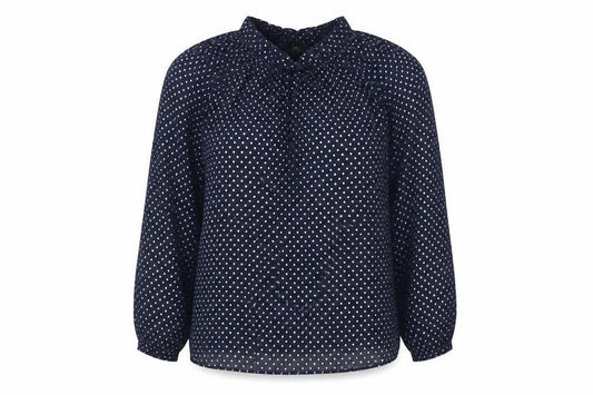 Front view of Marks & Spencer women’s blue polka dot polyester basic blouse, size UK 14, round neck