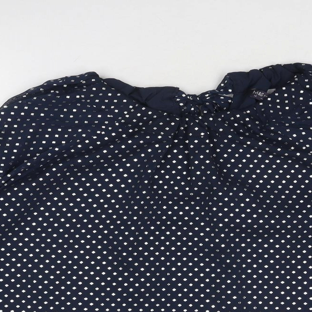 Marks and Spencer Womens Blue Polka Dot Polyester Basic Blouse Size 14 Round Neck