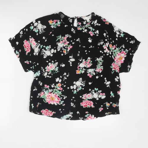 Marks and Spencer Womens Black Floral Viscose Basic Blouse Size 14 Round Neck