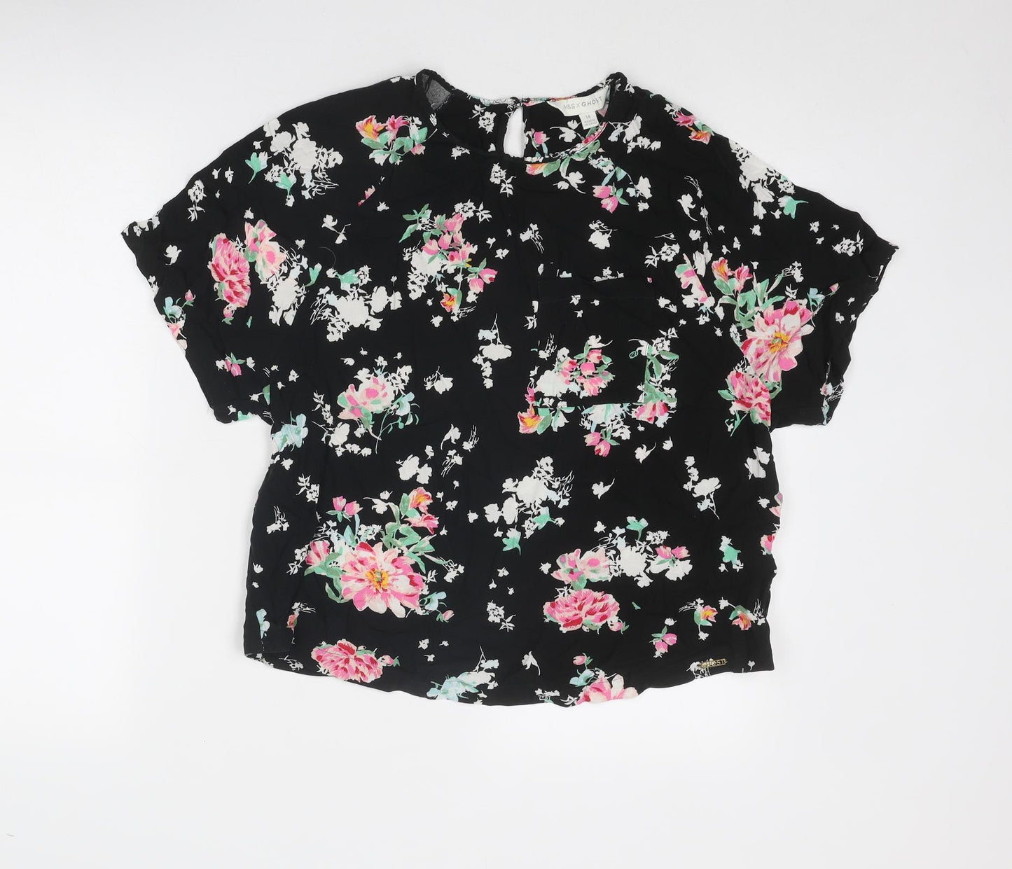 Marks and Spencer Womens Black Floral Viscose Basic Blouse Size 14 Round Neck