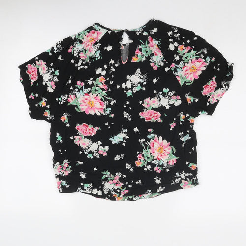 Marks and Spencer Womens Black Floral Viscose Basic Blouse Size 14 Round Neck