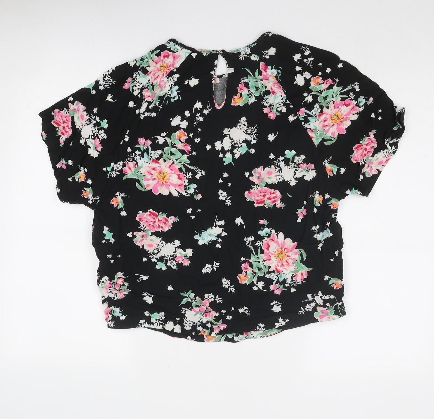 Marks and Spencer Womens Black Floral Viscose Basic Blouse Size 14 Round Neck