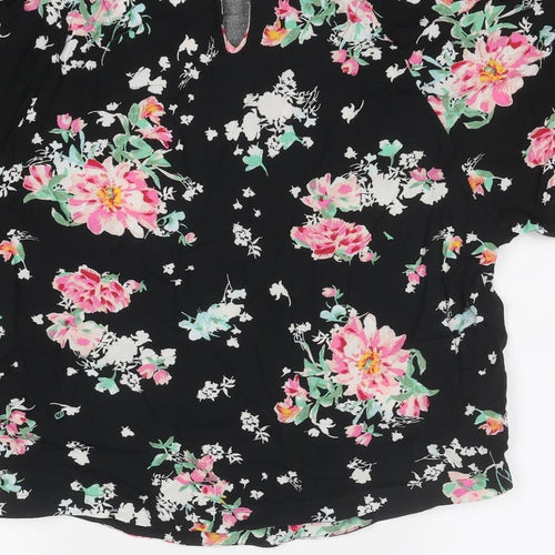 Marks and Spencer Womens Black Floral Viscose Basic Blouse Size 14 Round Neck