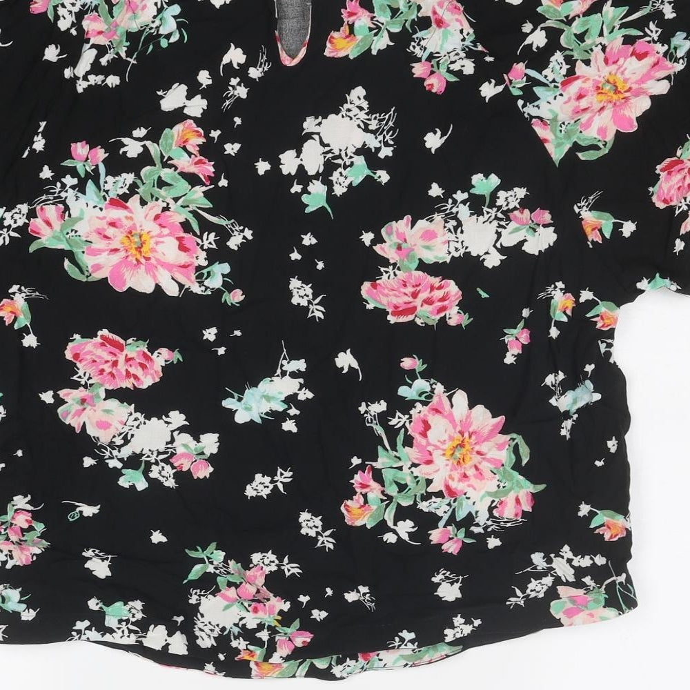 Marks and Spencer Womens Black Floral Viscose Basic Blouse Size 14 Round Neck