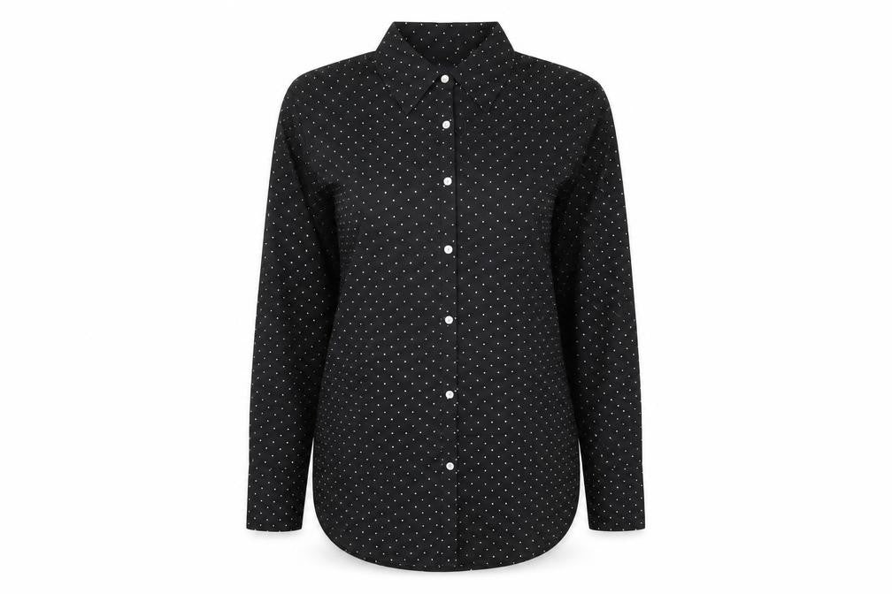Front view of Marks & Spencer women’s black polka dot polyester basic button-up, size UK 8, collared