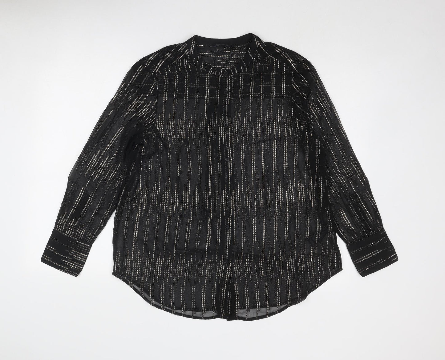 Marks and Spencer Womens Black Geometric Polyester Basic Button-Up Size 10 V-Neck