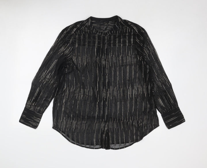 Marks and Spencer Womens Black Geometric Polyester Basic Button-Up Size 10 V-Neck