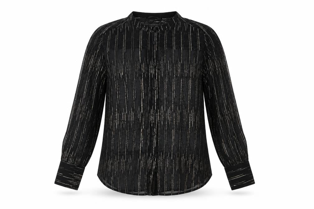 Front view of Marks & Spencer women’s black geometric polyester basic button-up, size UK 10, v-neck