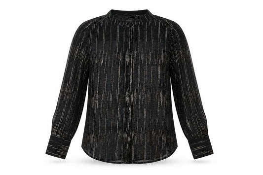 Front view of Marks & Spencer women’s black geometric polyester basic button-up, size UK 10, v-neck