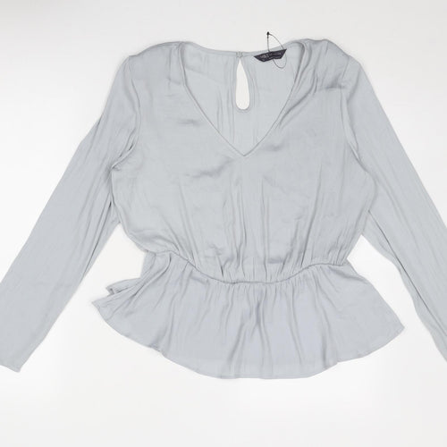Marks and Spencer Womens Grey Polyester Basic Blouse Size 12 V-Neck