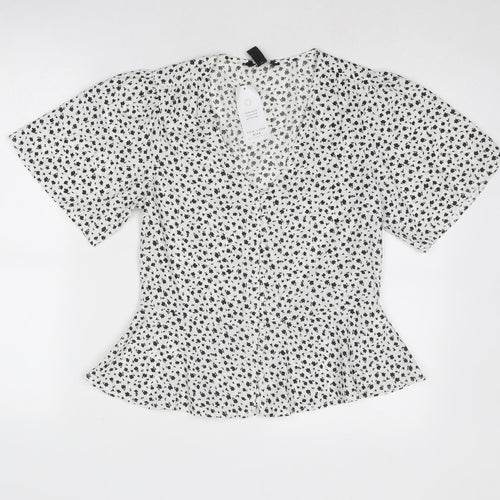 New Look Womens White Geometric Polyester Basic Button-Up Size 8 V-Neck