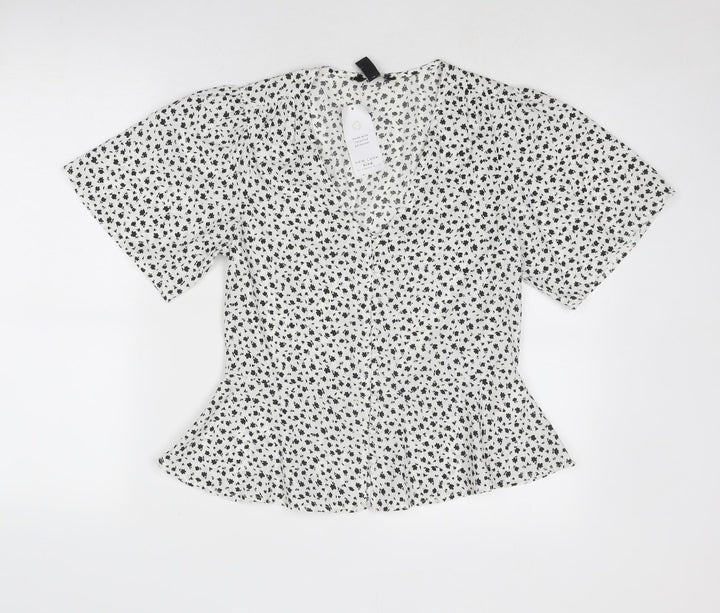 New Look Womens White Geometric Polyester Basic Button-Up Size 8 V-Neck