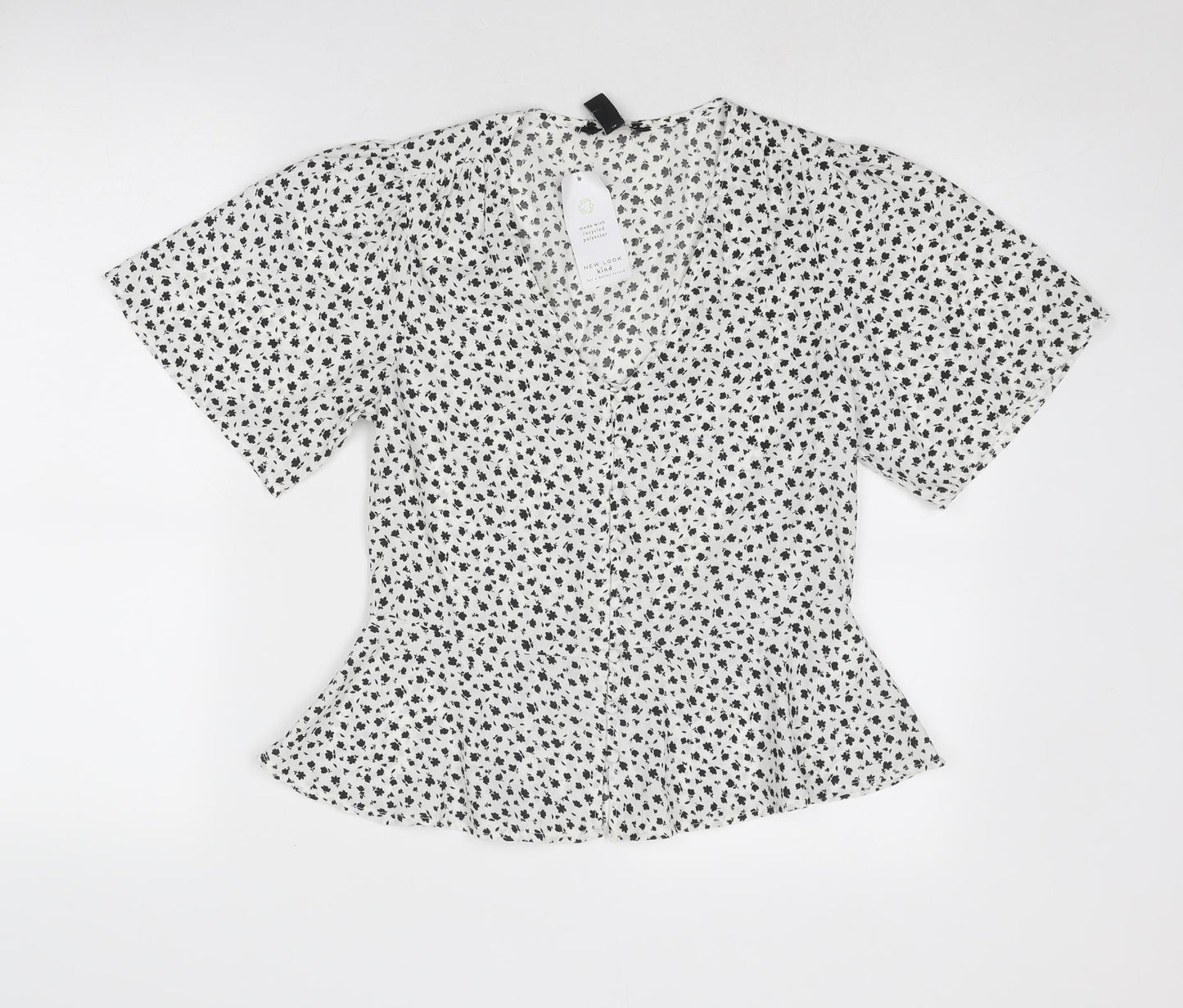 New Look Womens White Geometric Polyester Basic Button-Up Size 8 V-Neck