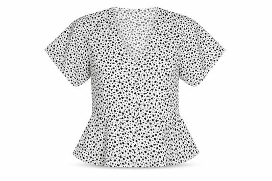 Front view of New Look women’s white geometric polyester basic button-up, size UK 8, v-neck