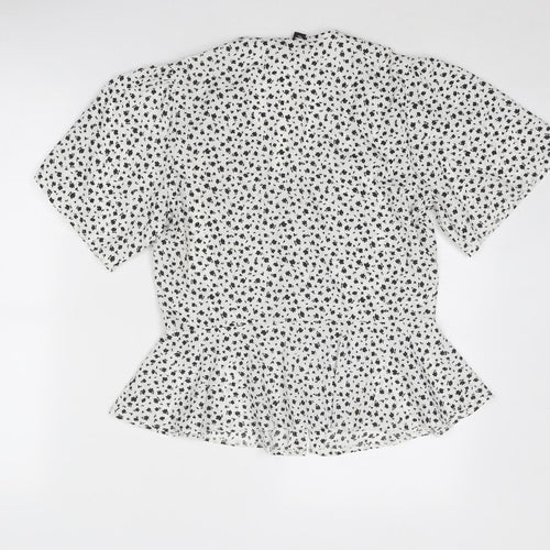 New Look Womens White Geometric Polyester Basic Button-Up Size 8 V-Neck