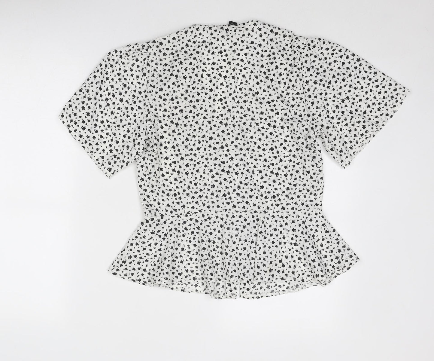New Look Womens White Geometric Polyester Basic Button-Up Size 8 V-Neck
