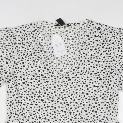 New Look Womens White Geometric Polyester Basic Button-Up Size 8 V-Neck