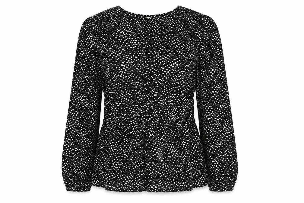 Front view of Per Una women’s black geometric viscose basic blouse, size UK 12, v-neck
