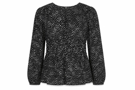 Front view of Per Una women’s black geometric viscose basic blouse, size UK 12, v-neck
