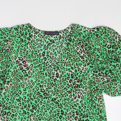 Marks and Spencer Womens Green Animal Print Polyester Basic Blouse Size 10 V-Neck - Puff Sleeve Leo