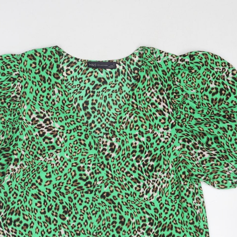 Marks and Spencer Womens Green Animal Print Polyester Basic Blouse Size 10 V-Neck - Puff Sleeve Leo
