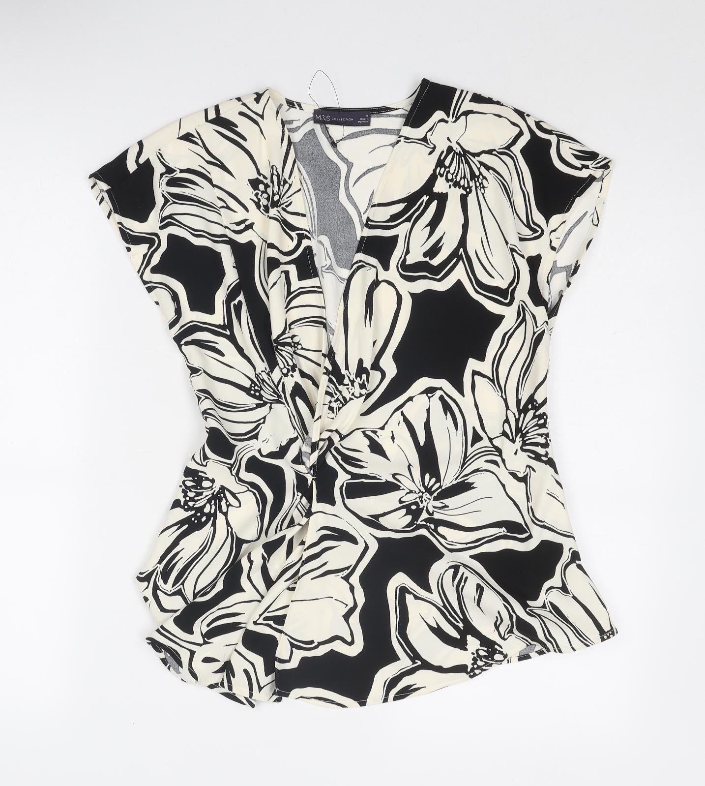 Marks and Spencer Womens Black Floral Polyester Wrap Blouse Size 10 V-Neck