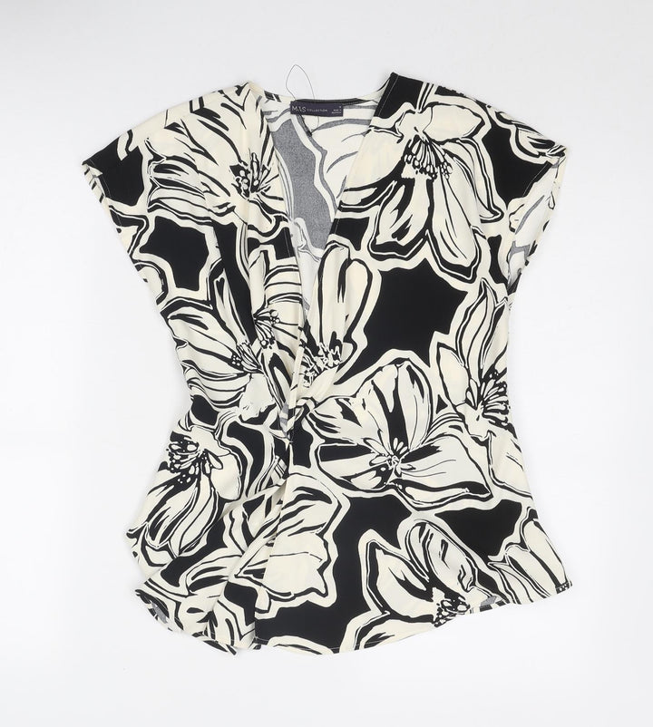 Marks and Spencer Womens Black Floral Polyester Wrap Blouse Size 10 V-Neck