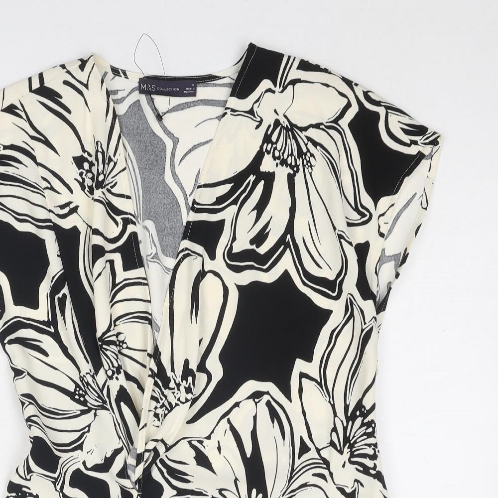 Marks and Spencer Womens Black Floral Polyester Wrap Blouse Size 10 V-Neck
