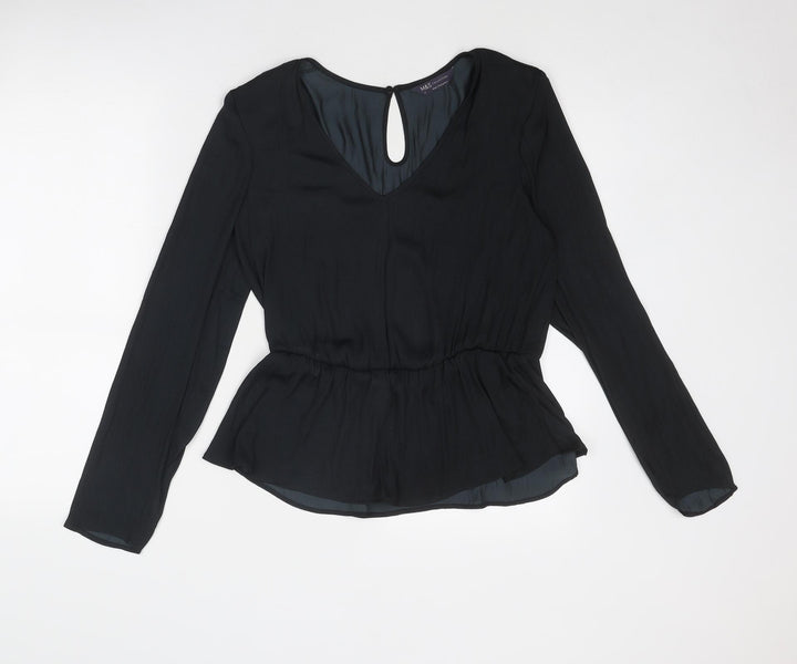 Marks and Spencer Womens Black Polyester Basic Blouse Size 8 V-Neck - Peplum