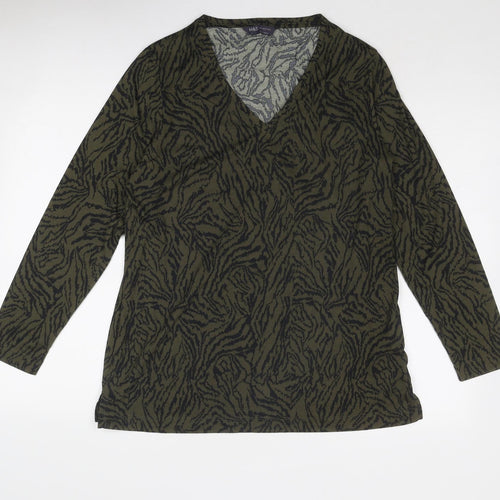 Marks and Spencer Womens Green Animal Print Polyester Basic Blouse Size 12 V-Neck