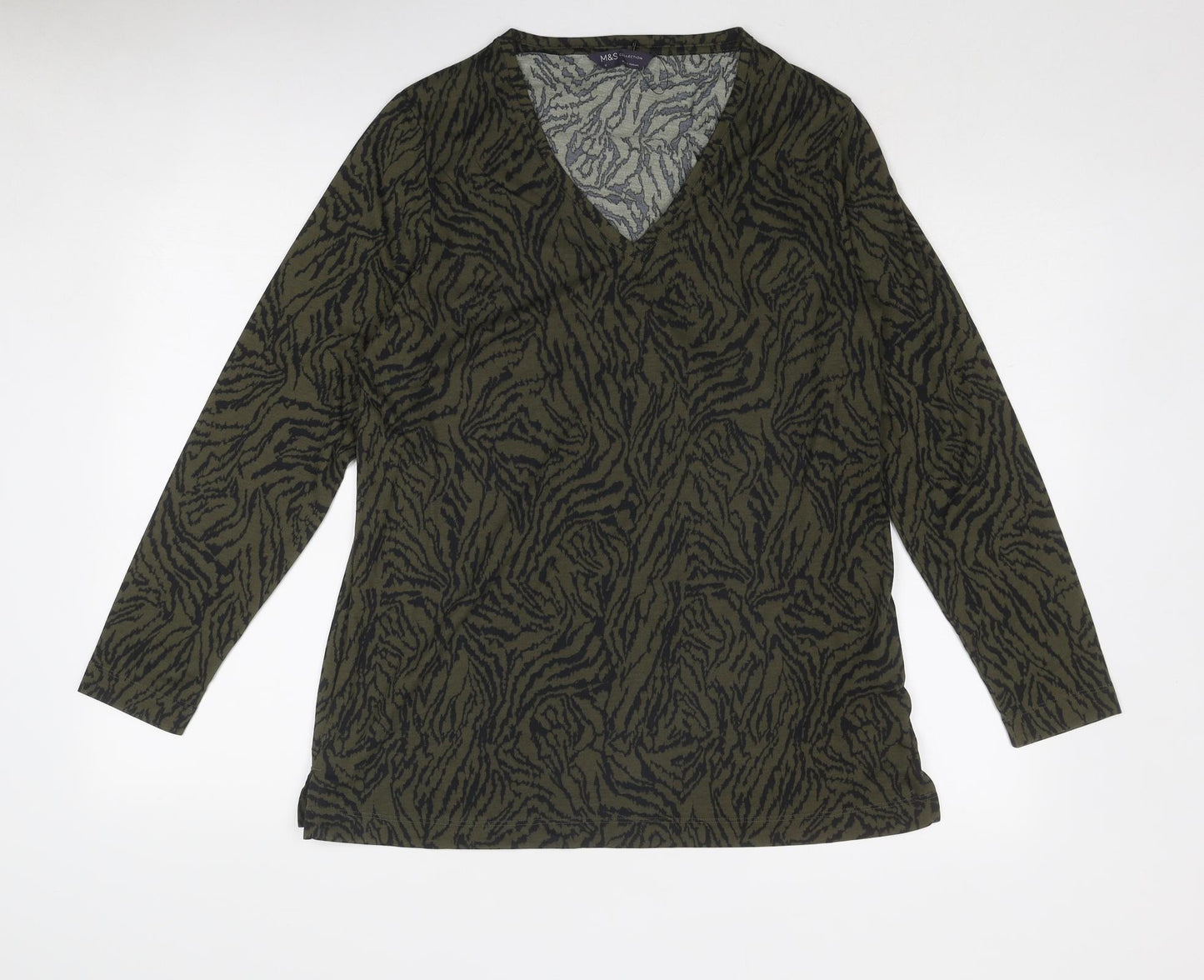 Marks and Spencer Womens Green Animal Print Polyester Basic Blouse Size 12 V-Neck
