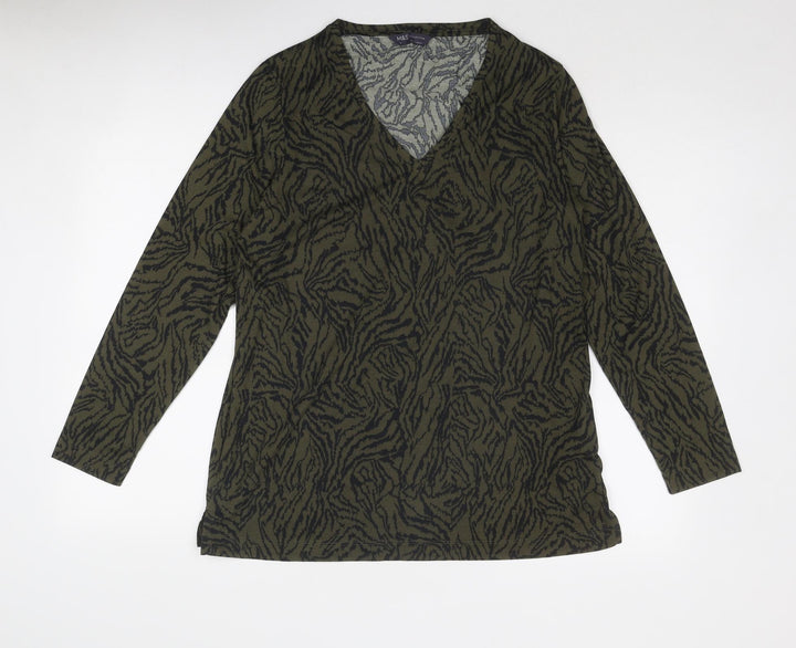 Marks and Spencer Womens Green Animal Print Polyester Basic Blouse Size 12 V-Neck