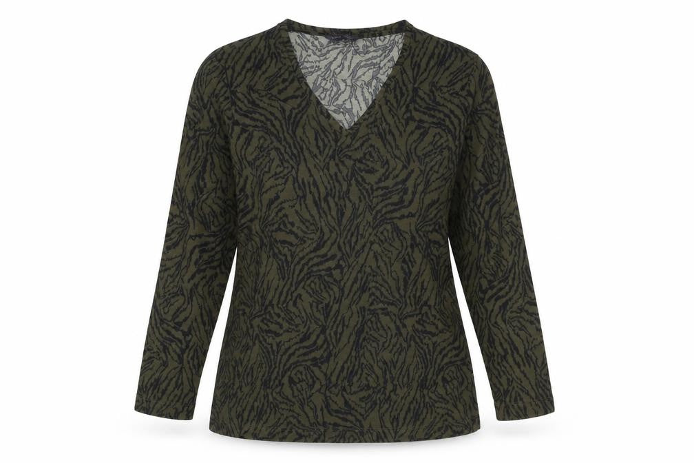 Front view of Marks & Spencer women’s green animal print polyester basic blouse, size UK 12, v-neck