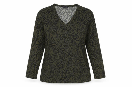 Front view of Marks & Spencer women’s green animal print polyester basic blouse, size UK 12, v-neck
