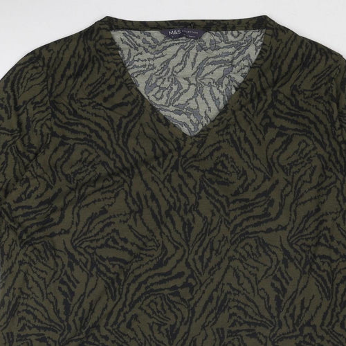 Marks and Spencer Womens Green Animal Print Polyester Basic Blouse Size 12 V-Neck
