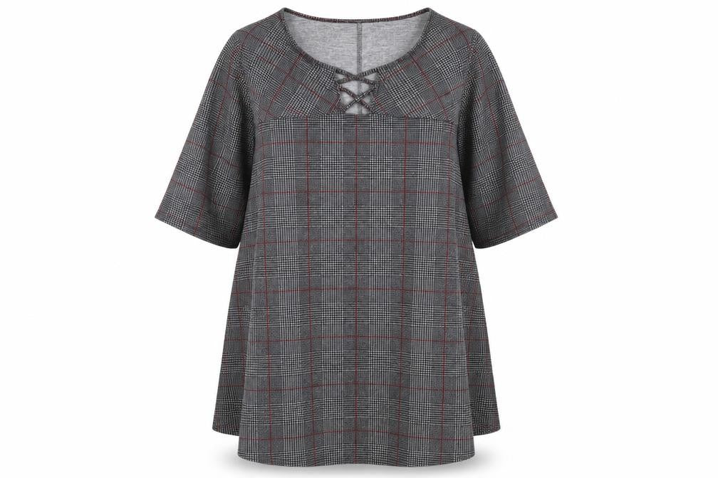 Front view of Yours women’s grey plaid polyester trapeze & swing, size UK 16, round neck pullover