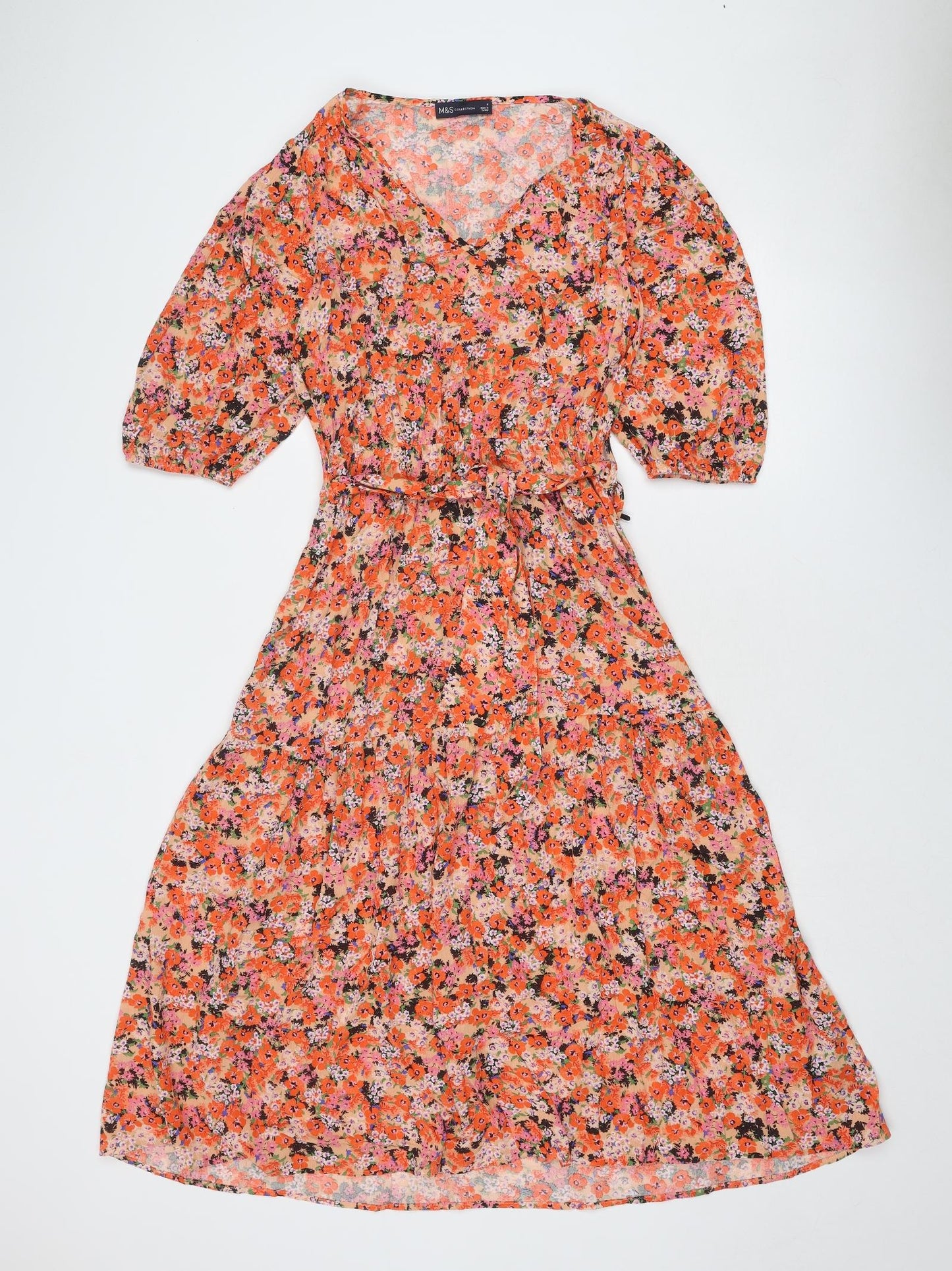 Marks and Spencer Womens Orange Floral Viscose Trapeze & Swing Size 8 V-Neck Pullover
