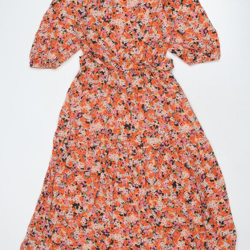 Marks and Spencer Womens Orange Floral Viscose Trapeze & Swing Size 8 V-Neck Pullover