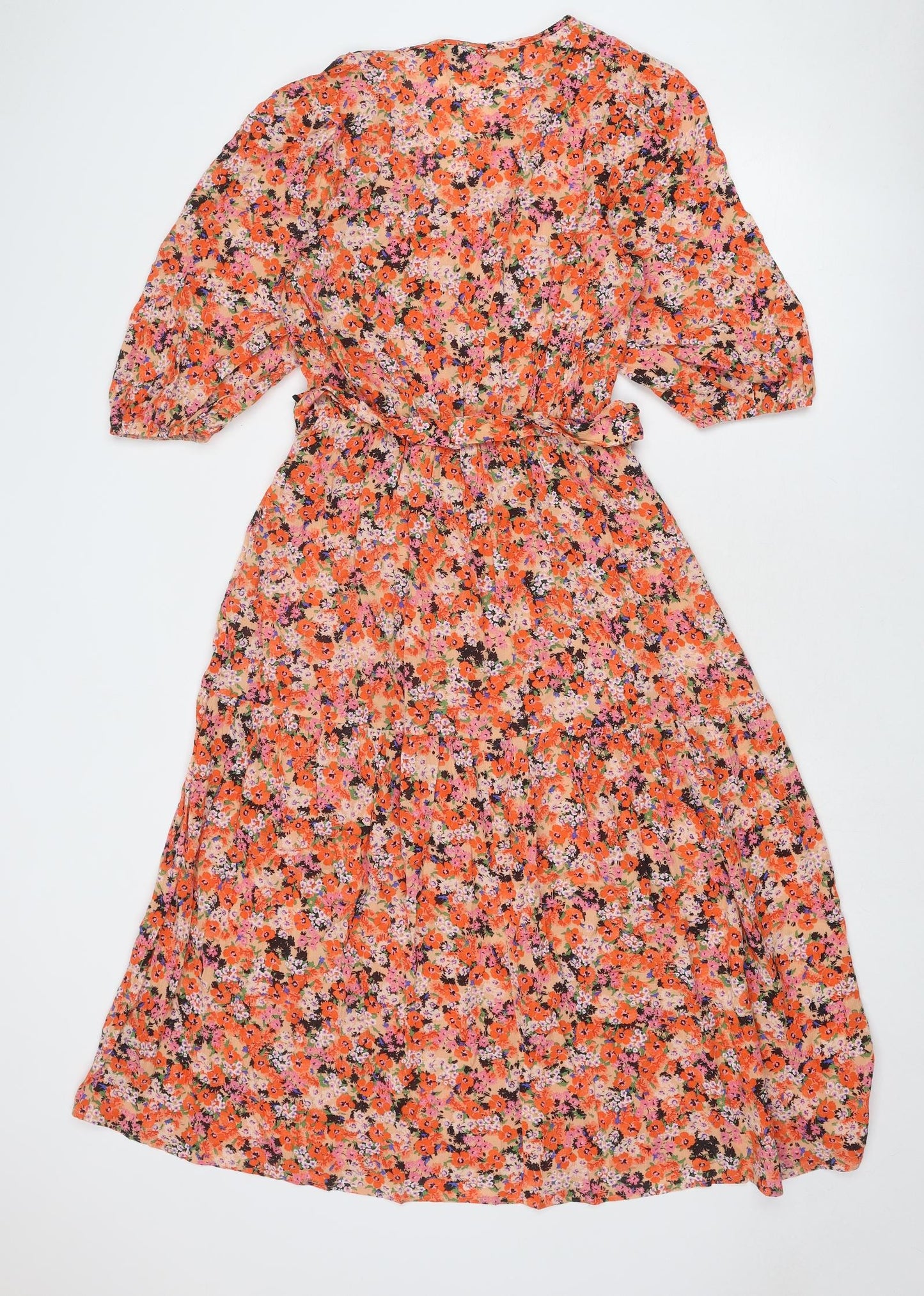 Marks and Spencer Womens Orange Floral Viscose Trapeze & Swing Size 8 V-Neck Pullover